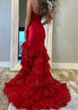 Classy Elegant Red Mermaid Long Prom Dress with Ruffle Skirt Wedding Guest Dress Prom Dresses HZ1214
