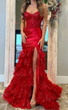 Classy Elegant Red Mermaid Long Prom Dress with Ruffle Skirt Wedding Guest Dress Prom Dresses HZ1214