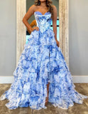 Classy Elegant Ball Gown Floral Blue Print Strapless Long Prom Dress With Chiffon Ruffle Skirt Prom Dresses HZ1214