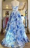 Classy Elegant Ball Gown Floral Blue Print Strapless Long Prom Dress With Chiffon Ruffle Skirt Prom Dresses HZ1214