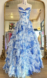 Classy Elegant Ball Gown Floral Blue Print Strapless Long Prom Dress With Chiffon Ruffle Skirt Prom Dresses HZ1214