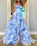 Classy Elegant Ball Gown Floral Blue Print Strapless Long Prom Dress With Chiffon Ruffle Skirt Prom Dresses HZ1214