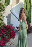 Elegant Hot Mermaid Spaghetti Straps Green Long Prom Dress with Cross Back Prom Dresses HZ1214