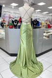 Elegant Hot Mermaid Spaghetti Straps Green Long Prom Dress with Cross Back Prom Dresses HZ1214