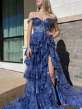 Elegant Prom Dresses Formal Court Train Sleeveless Off Shoulder Tulle with Sequin Slit Evening Dresses HZ1214
