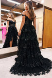 Elegant Prom Dresses Formal Court Train Sleeveless Off Shoulder Tulle with Sequin Slit Evening Dresses HZ1214