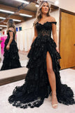 Elegant Prom Dresses Formal Court Train Sleeveless Off Shoulder Tulle with Sequin Slit Evening Dresses HZ1214