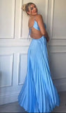 Modest A line Halter Blue Sleeveless Blue Prom Dresses Birthday Outfits Party Dress Formal Dress HZ1214