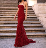Stunning Mermaid Spaghetti Straps Dark Red Lace Long Prom Dress Evening Dresses HZ1214