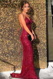 Stunning Mermaid Spaghetti Straps Dark Red Sequin Long Prom Dress Evening Dresses HZ1214