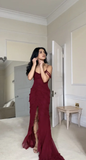 Sexy Burgundy Ruffles Chiffon Slit Prom Dress Mermaid Evening Dress Charming Party Dress HZ1214