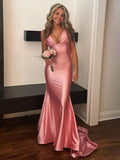 Pretty V Neck Pink Satin Mermaid Sleeveless Long Prom Dress HZ1214