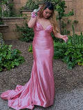 Pretty V Neck Pink Satin Mermaid Sleeveless Long Prom Dress HZ1214