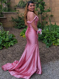 Pretty V Neck Pink Satin Mermaid Sleeveless Long Prom Dress HZ1214