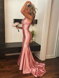 Pretty V Neck Pink Satin Mermaid Sleeveless Long Prom Dress HZ1214