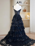 Sexy A-Line Tulle Sequin Black Long Prom Dresses, Black Sequin Long Formal Dress HZ1214