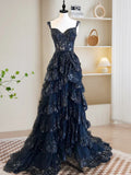 Sexy A-Line Tulle Sequin Black Long Prom Dresses, Black Sequin Long Formal Dress HZ1214