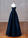 Sexy Simple A-Line Dark Blue Satin Long Prom Dress, Dark Blue Long Formal Dress HZ1214