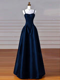 Sexy Simple A-Line Dark Blue Satin Long Prom Dress, Dark Blue Long Formal Dress HZ1214