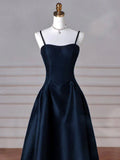 Sexy Simple A-Line Dark Blue Satin Long Prom Dress, Dark Blue Long Formal Dress HZ1214