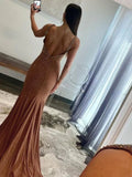 Pretty Mermaid Deep V-Neck Beaded Satin Long Prom Dresses HZ1214