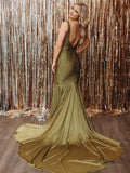 Pretty Mermaid Deep V-Neck Beaded Satin Black Long Prom Dresses HZ1214