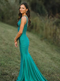 Pretty Mermaid Deep V-Neck Beaded Satin Long Prom Dresses HZ1214