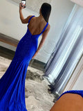 Pretty Mermaid Deep V-Neck Beaded Satin Black Long Prom Dresses HZ1214