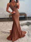 Pretty Mermaid Deep V-Neck Beaded Satin Black Long Prom Dresses HZ1214