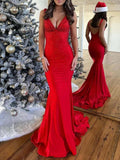Pretty Mermaid Deep V-Neck Beaded Satin Black Long Prom Dresses HZ1214