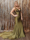 Pretty Mermaid Deep V-Neck Beaded Satin Black Long Prom Dresses HZ1214