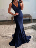 Pretty Mermaid Deep V-Neck Beaded Satin Long Prom Dresses HZ1214