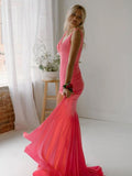 Pretty Mermaid Deep V-Neck Beaded Satin Black Long Prom Dresses HZ1214