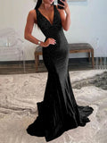 Pretty Mermaid Deep V-Neck Beaded Satin Black Long Prom Dresses HZ1214