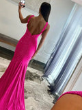 Pretty Mermaid Deep V-Neck Beaded Satin Long Prom Dresses HZ1214