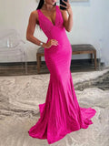 Pretty Mermaid Deep V-Neck Beaded Satin Black Long Prom Dresses HZ1214
