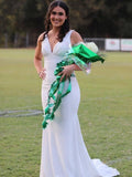 Pretty Mermaid Deep V-Neck Beaded Satin Long Prom Dresses HZ1214