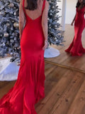 Pretty Mermaid Deep V-Neck Beaded Satin Long Prom Dresses HZ1214
