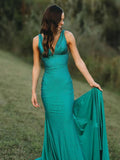 Pretty Mermaid Deep V-Neck Beaded Satin Long Prom Dresses HZ1214