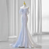 Sexy Purple Laser Sequin Beaded Mermaid Women Evening Dress with Puff Sleeves Tassel Pearls Tulle Train Prom Gown Formal Dress HZ1214