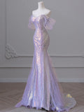 Sexy Purple Laser Sequin Beaded Mermaid Women Evening Dress with Puff Sleeves Tassel Pearls Tulle Train Prom Gown Formal Dress HZ1214
