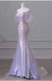 Sexy Purple Laser Sequin Beaded Mermaid Women Evening Dress with Puff Sleeves Tassel Pearls Tulle Train Prom Gown Formal Dress HZ1214