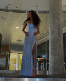 Sparkly Blue Sequins Sheath Evening Party Dress with High Slit Long Prom Dress Formal Dress HZ1214