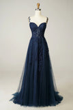 Sexy A Line Spaghetti Straps Navy Prom Dress with Appliques Formal Dress HZ1214