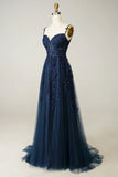 Sexy A Line Spaghetti Straps Navy Prom Dress with Appliques Formal Dress HZ1214