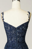 Sexy A Line Spaghetti Straps Navy Prom Dress with Appliques Formal Dress HZ1214