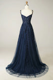 Sexy A Line Spaghetti Straps Navy Prom Dress with Appliques Formal Dress HZ1214