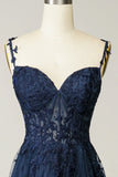Sexy A Line Spaghetti Straps Navy Prom Dress with Appliques Formal Dress HZ1214