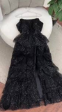 Sparkly Stunning Black Sequined Sleeveless Strapless Long Prom Dress with Split HZ1214