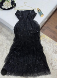 Sparkly Stunning Black Sequined Sleeveless Strapless Long Prom Dress with Split HZ1214